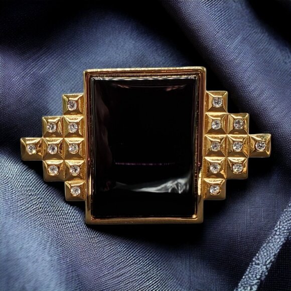 Sandra Miller Burrows Jewelry - Vtg Signed SMB Art Deco Revival Brooch Sandra Miller Burrows Rhinestone Black